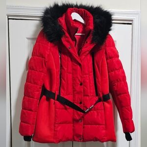 Michael Kors Red Puffer Jacket with Black Fur Trim